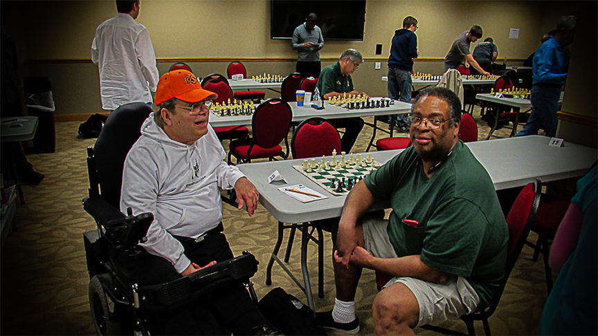 Wayne Hatcher (left) played on Oklahoma's Board 2 and in his 4th RRSO.  Army Veteran Leon Toliver (right) played on Oklahoma's Board 2 and in his 2nd RRSO.  Back in the day, Leon was one of the toughest Army chess players in Europe and at Fort Sill.  Photo by Mike Tubbs.